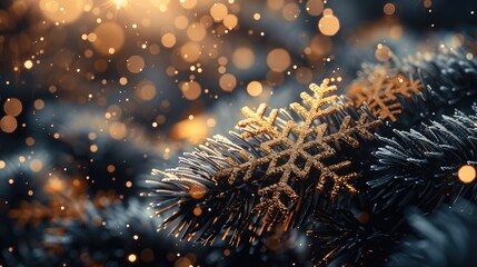 Aufkleber - Black and Gold Winter Background, Golden snowflakes, A magical winter scene.