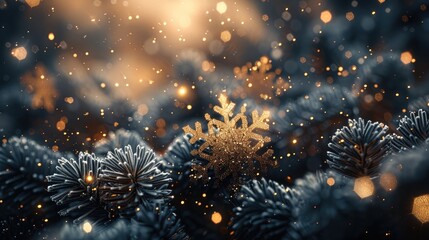 Aufkleber - Black and Gold Winter Background, Golden snowflakes, A magical winter scene.
