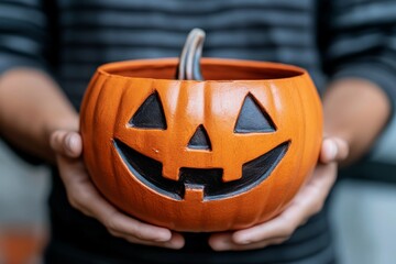 Brightly carved jack o lantern held in hands symbolizing festive Halloween celebration with vibrant warm lighting and autumnal decor