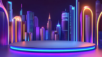 Wall Mural - A round podium with a background of cyberpunk city