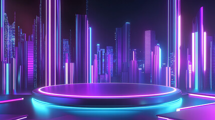 Wall Mural - A round podium with a background of cyberpunk city