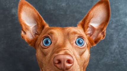 Poster -  A tight shot of a brown dog gazing intently at the camera with blue eyes and a grave expression