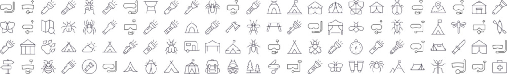 Wall Mural - bundle of camping related line icons. editable stroke for design, web sites, apps, cards. contains l