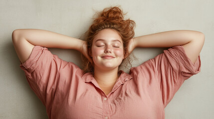 Wall Mural - A woman with red hair is laying on the ground and smiling