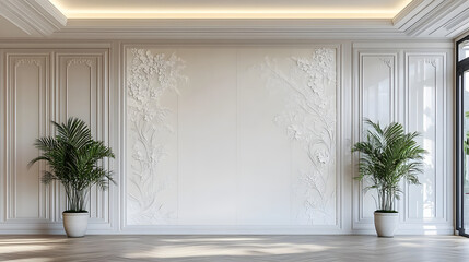Wall Mural - A large white wall with a floral design and two potted plants on either side. The room is empty and has a clean, minimalist look