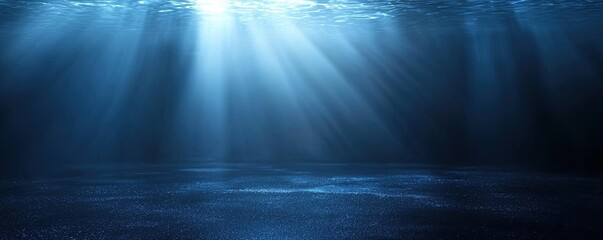Fototapete - Abstract background of dark blue with light rays and mist, spotlight on an asphalt floor for display products. Dark scene with reflections from the water surface