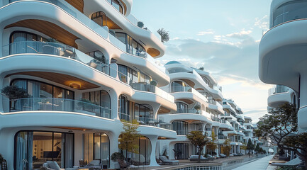 Leinwandbilder - A residential neighborhood with glass and deck balconies, rectangle buildings have rounded edges and white cladding, street view, fashion.