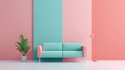 pastel inspired living room featuring minimalist design with two tone wall, modern sofa, and stylish floor lamp. vibrant colors create cheerful atmosphere