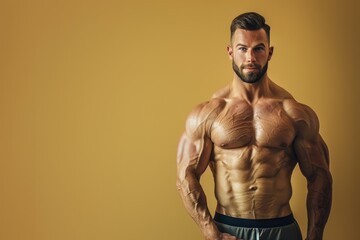 Wall Mural - muscular man presenting confidently, fit body emphasized against a solid color background, showcasin