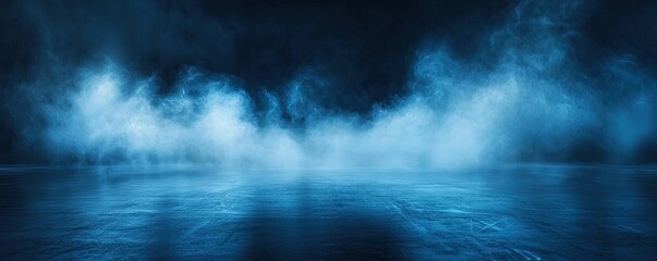 Fototapete - Abstract background of dark blue with light rays and mist, spotlight on an asphalt floor for display products. Dark scene with reflections from the water surface