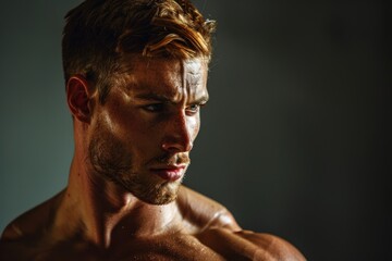 Wall Mural - muscular man with a sharp gaze and a strong body, solid color background representing the integratio