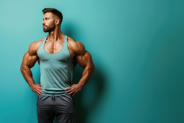Wall Mural - fit man with a powerful physique and mental sharpness, standing against a solid color background, id