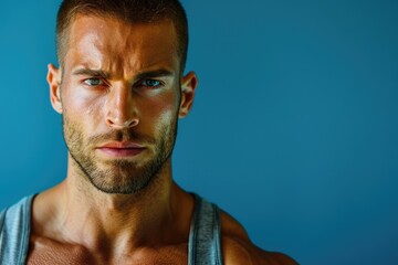 Wall Mural - a strong, fit man with a sharp gaze and a focused mind, solid color background ideal for gym promoti