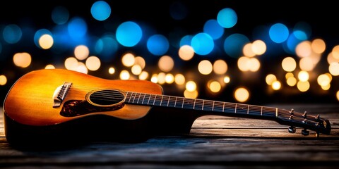 Acoustic Guitar Night: A vintage acoustic guitar rests on a rustic wooden surface, bathed in the warm glow of bokeh lights.  The scene evokes a sense of intimacy and musical inspiration. 