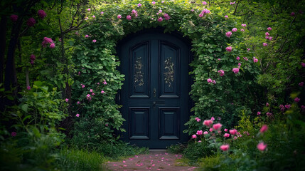 Wall Mural - A black door with a green archway and pink flowers in front of it. The door is surrounded by a lush green garden