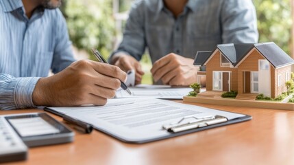 High-resolution photorealistic image of a landlord reviewing contract details with tenants while a house model stands on the table The image captures the professionalism and trust involved in closing