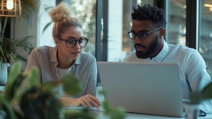 high-resolution photorealistic capture of two diverse colleagues brainstorming ideas in a sleek, min