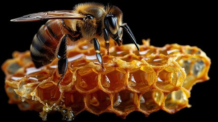 Bee on honeycomb on white isolated background