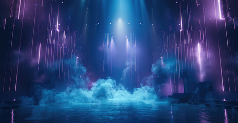 Poster - Stage design, live show at night, led monitor, future, glowing, real environment, heavy fog.