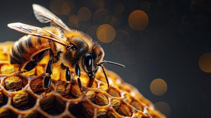 Bee on honeycomb on white isolated background