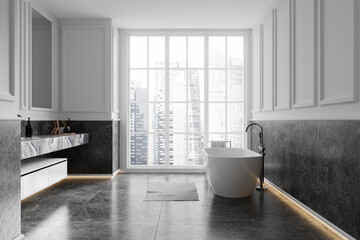 Wall Mural - Modern bathroom with urban city view and freestanding tub. 3D Rendering