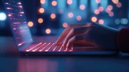person typing on laptop computer in dark room with colorful lights