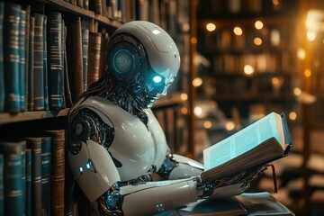 A humanoid robot reads a book in an antique library filled with towering shelves and warm lights