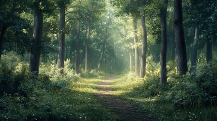  Sunlight beams through a forest path, illuminating the trees and dappled light on the ground.