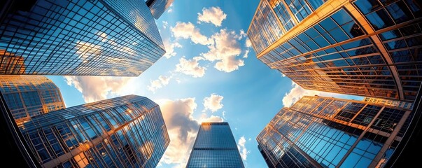 Skyscrapers reaching skyward against a blue sky with clouds, urban perspective.