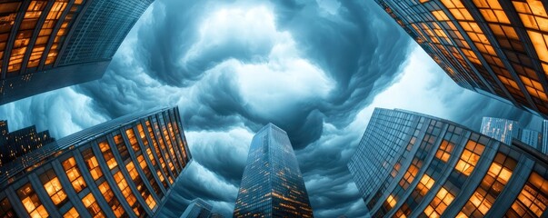 Dramatic sky view between skyscrapers, with swirling clouds and city lights.