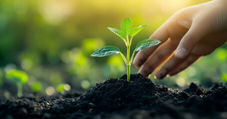 hand gently nurtures young green plant in rich soil, symbolizing growth and sustainability. Sunlight bathes scene, highlighting importance of green transformation