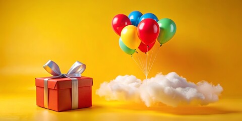 Wall Mural - A Cloud of Celebration A gift box sits beneath a cluster of colorful balloons, playfully floating on a fluffy cloud against a vibrant yellow background.