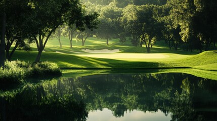 Wall Mural - A serene composition featuring a tranquil golfing scene, Pristine golf course impeccably landscaped, Classic editorial style