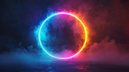 Abstract neon background. Glowing neon circle in dark room with smoke and smog. Empty scene for your design