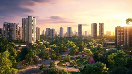 A panoramic view of a modern city skyline with lush green trees and a beautiful sunset in the background.