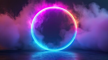 Abstract neon background. Glowing neon circle in dark room with smoke and smog. Empty scene for your design