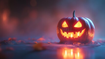 Wall Mural - A glowing jack-o'-lantern sits on a table, its eerie grin illuminated by flickering candlelight.