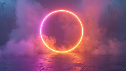 Abstract neon background. Glowing neon circle in dark room with smoke and smog. Empty scene for your design