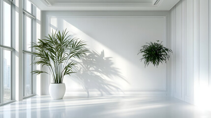 Sticker - A large white room with a white wall and a white floor. A potted plant is placed in the corner of the room