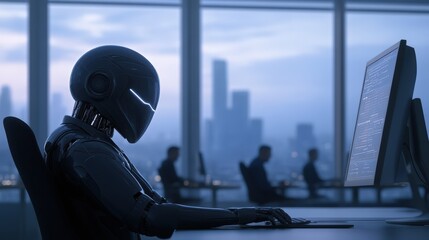 futuristic robot working on computer in modern office