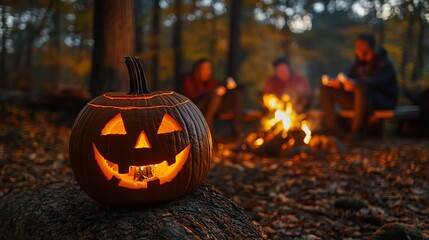 Wall Mural - A glowing jack-o-lantern sits on a log in a dark forest, casting an eerie glow. The fire crackles in the background, adding to the spooky atmosphere.
