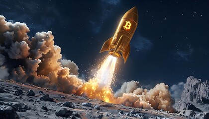 Bitcoin rocket launch in space, night sky backdrop, symbolizes cryptocurrency growth