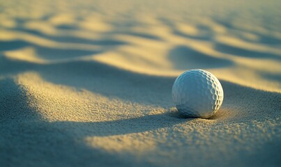 A single white golf ball rests in a sand trap on a golf course.