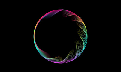 Poster - Rainbow transparent circular wave isolated on abstract black background with copy space. Vector smooth curve circles lines wavy in round colorful frame