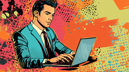 A retro-style illustration shows a businessman working on his laptop, looking successful. It's about computers, office work, and how people use modern technology.pop art.