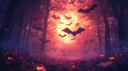 Wall Mural - A spooky forest scene with bats flying through the air.