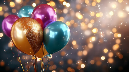 Poster - Colorful balloons with sparkly decorations set against a festive backdrop, creating a joyful party atmosphere.