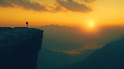 Wall Mural - Silhouette of a man standing on the edge of a cliff at sunset with valley below