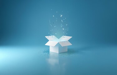 An open cardboard box with confetti and ribbons spilling out of it, on a blue background.