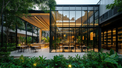 modern open air cafe featuring sleek glass facade surrounded by lush greenery, creating serene and inviting atmosphere for patrons to enjoy